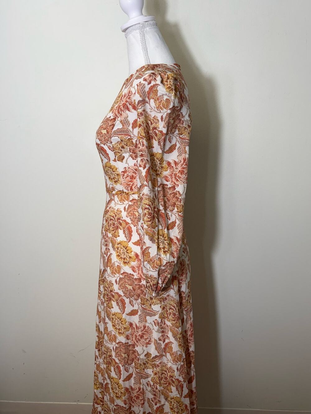 Hyacinth House Dark Orange White Floral Print Long Sleeve Maxi Dress Sz XXS